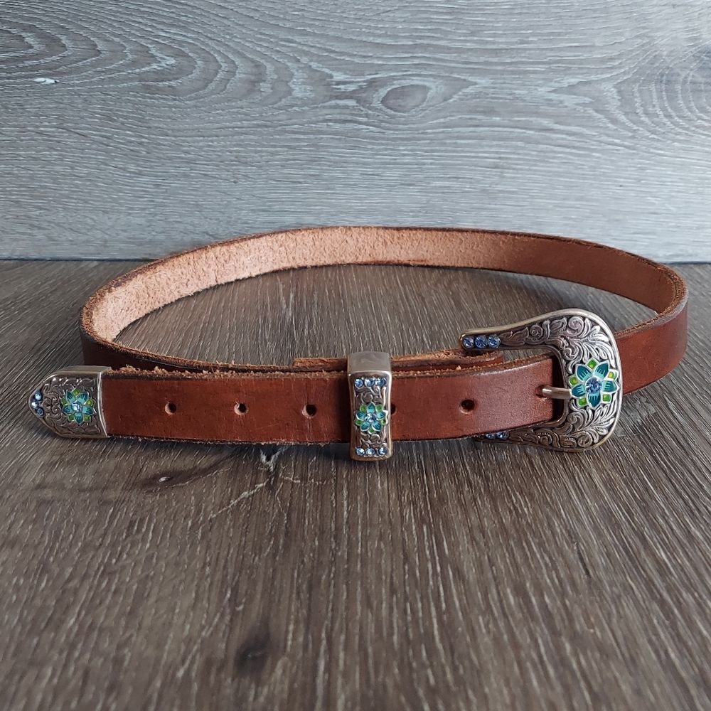 TLF Brown Leather Western Bling Rhinestone Buckle Rodeo Belt 37.5" Long